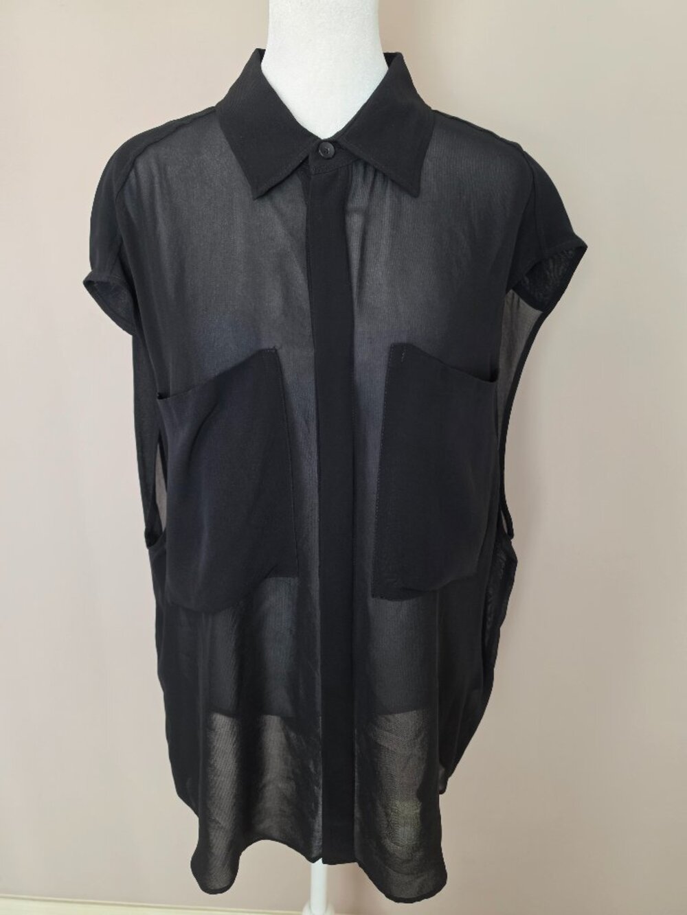 Zara ZW Collection Oversized Semi-Sheer Button Down Black Blouse Size Lg NWOT